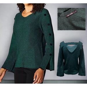 Nic & Zoe Womens V Neck green Loose Knit Sweater Size Small Long Sleeve NWOT